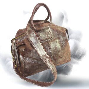 Hobo Shelia Brushed Metallic Heavy Metal Coffee Leather Shoulder Tote